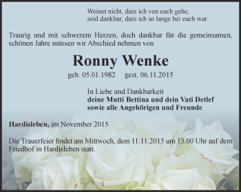 Traueranzeige von Ronny Wenke von Thüringer Allgemeine