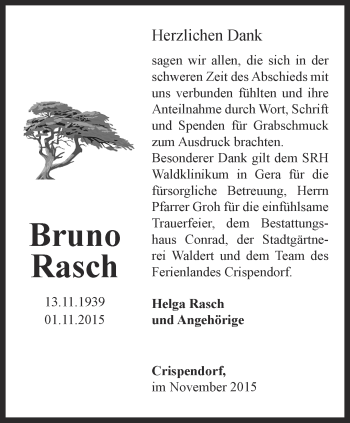 Traueranzeige von Bruno Rasch von Ostthüringer Zeitung