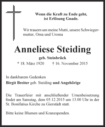 Traueranzeige von Anneliese Steiding von Thüringer Allgemeine, Thüringische Landeszeitung