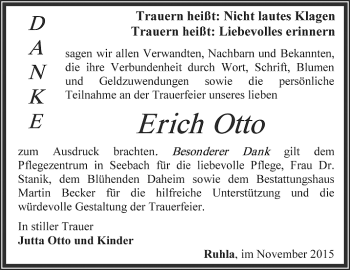 Traueranzeige von Erich Otto von Thüringer Allgemeine, Thüringische Landeszeitung