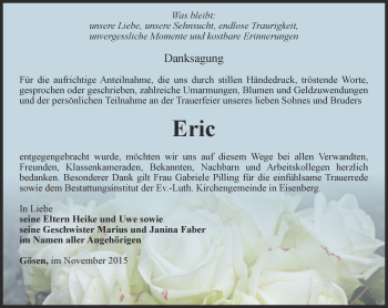 Traueranzeige von Eric  von Ostthüringer Zeitung