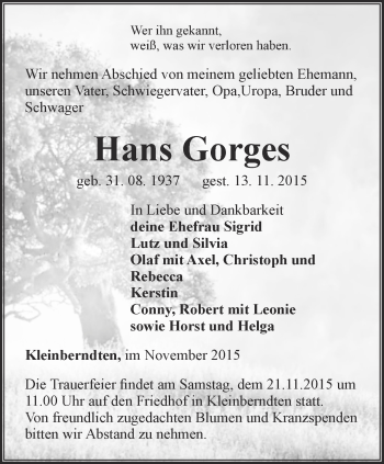 Traueranzeige von Hans Gorges von Thüringer Allgemeine