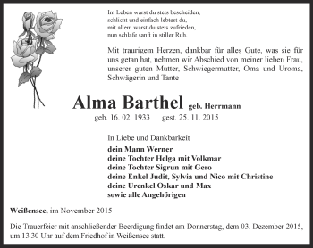 Traueranzeige von Alma Barthel von Thüringer Allgemeine