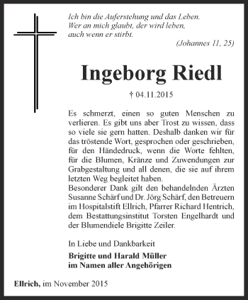 Traueranzeige von Ingeborg Riedl von Thüringer Allgemeine