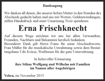 Traueranzeige von Erna Frischknecht von Thüringer Allgemeine