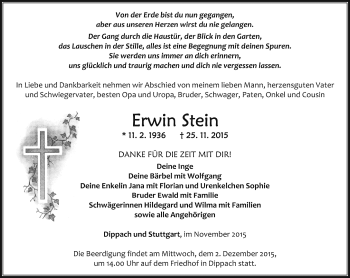 Traueranzeige von Erwin Stein von Thüringer Allgemeine, Thüringische Landeszeitung