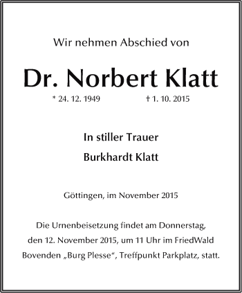 Traueranzeige von Norbert Klatt von Thüringer Allgemeine, Thüringische Landeszeitung