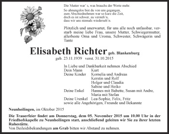 Traueranzeige von Elisabeth Richter von Thüringer Allgemeine, Thüringische Landeszeitung