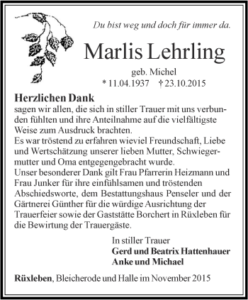 Traueranzeige von Marlis Lehrling von Thüringer Allgemeine