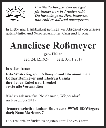 Traueranzeige von Anneliese Roßmeyer von Thüringer Allgemeine