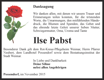 Traueranzeige von Ilse Pabst von Thüringer Allgemeine, Thüringische Landeszeitung