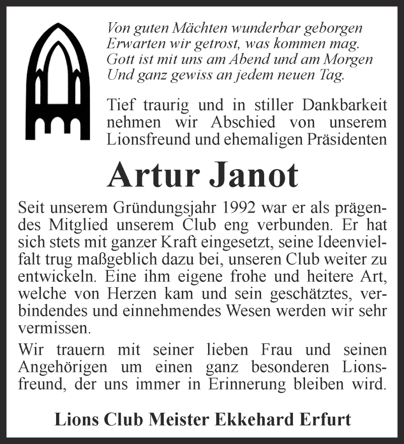  Traueranzeige für Artur Janot vom 19.11.2015 aus Thüringer Allgemeine, Thüringische Landeszeitung