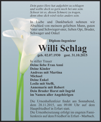 Traueranzeige von Willi Schlag