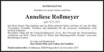 Traueranzeige von Anneliese Roßmeyer von Thüringer Allgemeine
