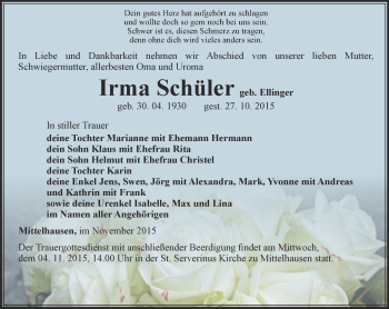 Traueranzeige von Irma Schüler