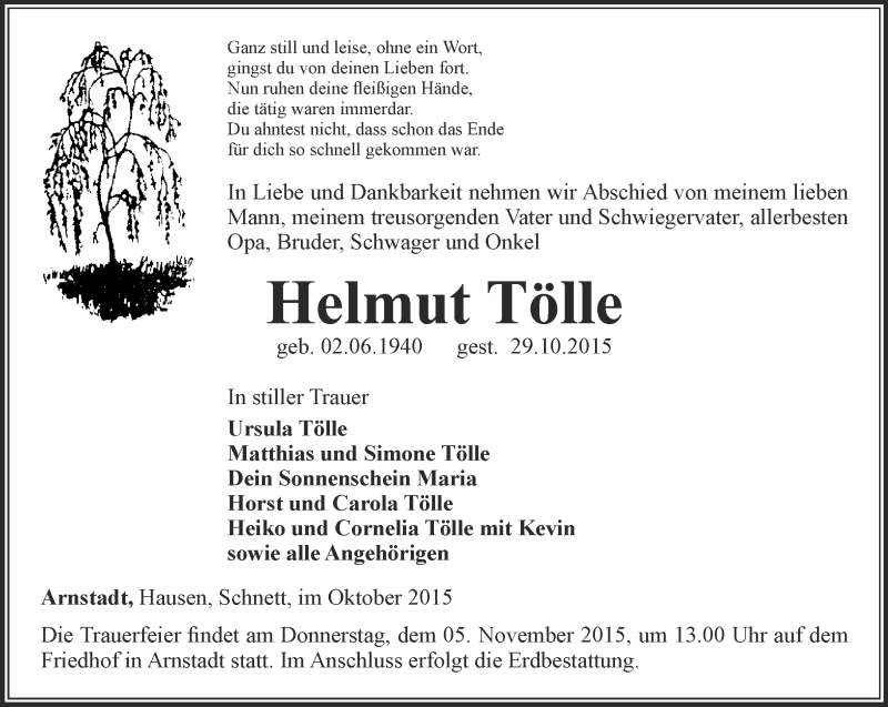  Traueranzeige für Helmut Tölle vom 02.11.2015 aus Thüringer Allgemeine