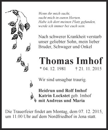 Traueranzeige von Thomas Imhof von Ostthüringer Zeitung, Thüringische Landeszeitung