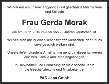 Traueranzeige von Gerda Morak von Ostthüringer Zeitung, Thüringische Landeszeitung