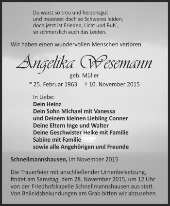 Traueranzeige von Angelika Wesemann von Thüringer Allgemeine, Thüringische Landeszeitung