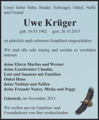 Traueranzeige von Uwe Krüger von Thüringer Allgemeine
