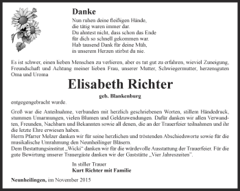 Traueranzeige von Elisabeth Richter von Thüringer Allgemeine, Thüringische Landeszeitung