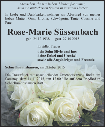 Traueranzeige von Rose-Marie Süssenbach von Thüringer Allgemeine, Thüringische Landeszeitung