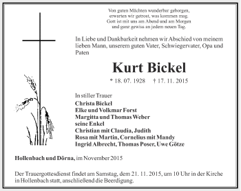 Traueranzeige von Kurt Bickel von Thüringer Allgemeine, Thüringische Landeszeitung