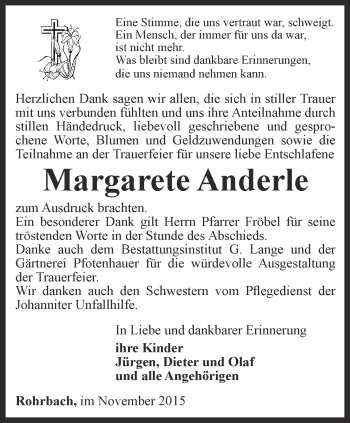 Traueranzeige von Margarete Anderle von Ostthüringer Zeitung