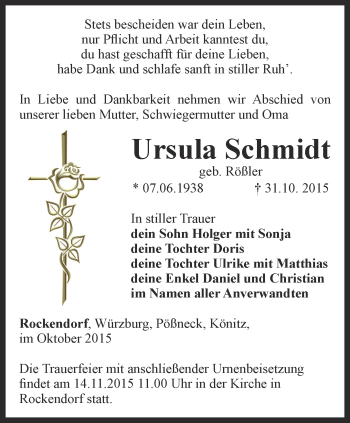 Traueranzeige von Ursula Schmidt von Ostthüringer Zeitung