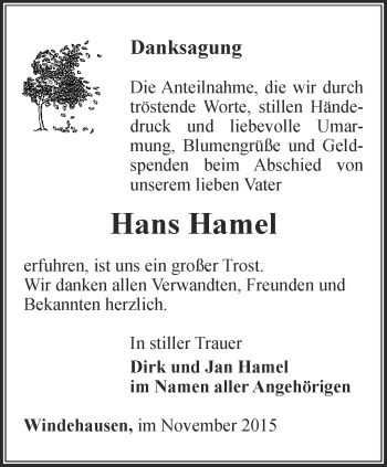 Traueranzeige von Hans Hamel von Thüringer Allgemeine