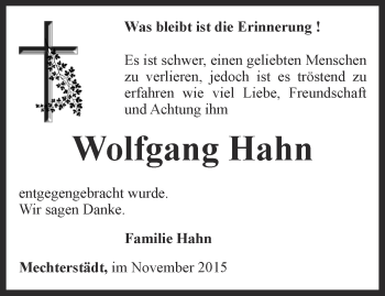 Traueranzeige von Wolfgang Hahn von Ostthüringer Zeitung, Thüringische Landeszeitung