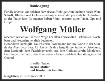 Traueranzeige von Wolfgang Müller von Thüringer Allgemeine, Thüringische Landeszeitung