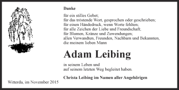 Traueranzeige von Adam Leibing von Thüringer Allgemeine, Thüringische Landeszeitung