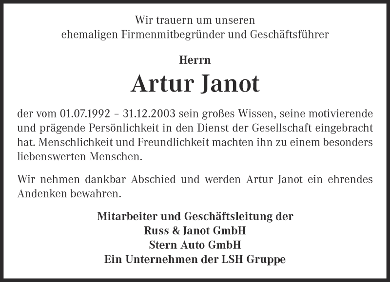  Traueranzeige für Artur Janot vom 19.11.2015 aus Thüringer Allgemeine