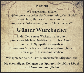 Traueranzeige von Günter Wurzbacher von Ostthüringer Zeitung