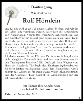 Traueranzeige von Rolf Hörnlein von Thüringer Allgemeine