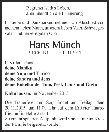 Traueranzeige von Hans Münch von Thüringer Allgemeine, Thüringische Landeszeitung