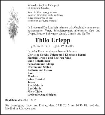 Traueranzeige von Thilo Urlepp von Thüringer Allgemeine