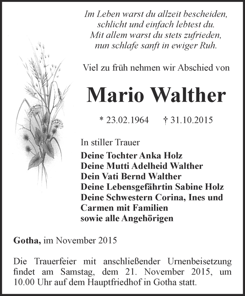  Traueranzeige für Mario Walther vom 13.11.2015 aus Ostthüringer Zeitung, Thüringische Landeszeitung
