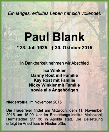 Traueranzeige von Paul Blank von Thüringer Allgemeine, Thüringische Landeszeitung