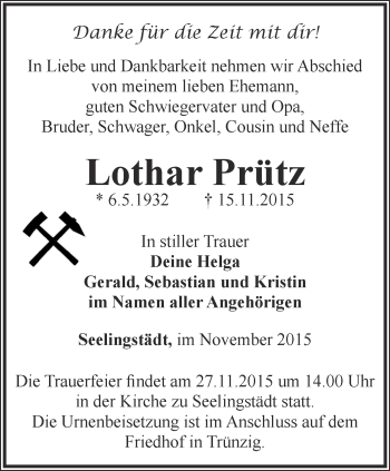 Traueranzeige von Lothar Prütz von Ostthüringer Zeitung