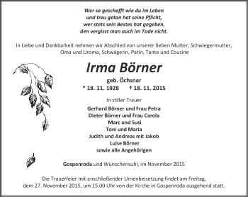 Traueranzeige von Irma Börner von Thüringer Allgemeine, Thüringische Landeszeitung