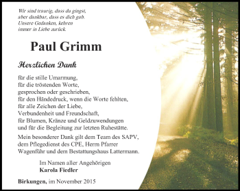 Traueranzeige von Paul Grimm von Thüringer Allgemeine