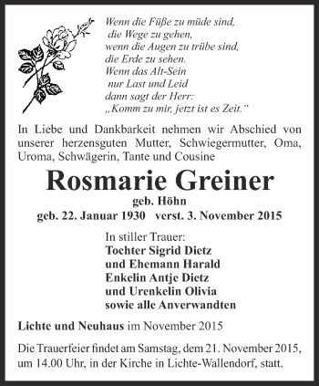 Traueranzeige von Rosmarie Greiner von Ostthüringer Zeitung