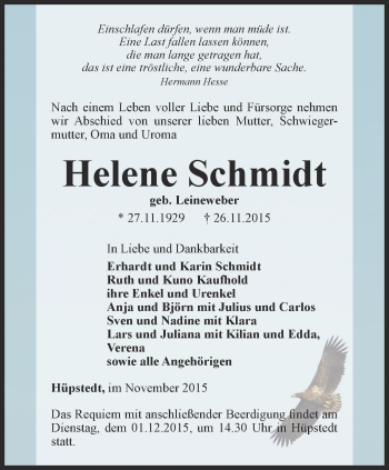 Traueranzeige von Helene Schmidt von Thüringer Allgemeine, Thüringische Landeszeitung