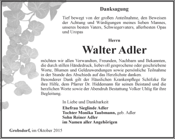 Traueranzeige von Walter Adler von Ostthüringer Zeitung