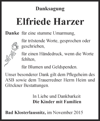 Traueranzeige von Elfriede Harzer von Ostthüringer Zeitung
