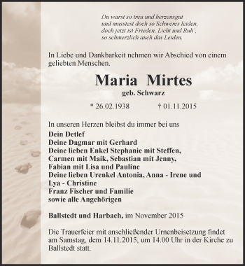 Traueranzeige von Maria Mirtes von Thüringer Allgemeine, Thüringische Landeszeitung