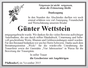 Traueranzeige von Günter Wettstein von Ostthüringer Zeitung, Thüringische Landeszeitung