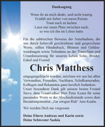 Traueranzeige von Chris Matthess von Thüringer Allgemeine, Thüringische Landeszeitung